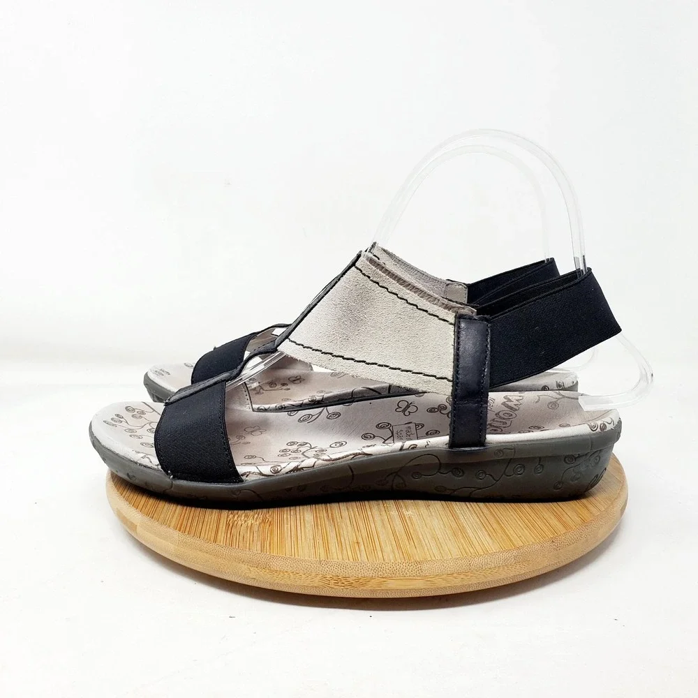 Wonders Fly Sandals Womens 37 Black‎ Grey Low Wedge Elastic Strap Comfort Shoes